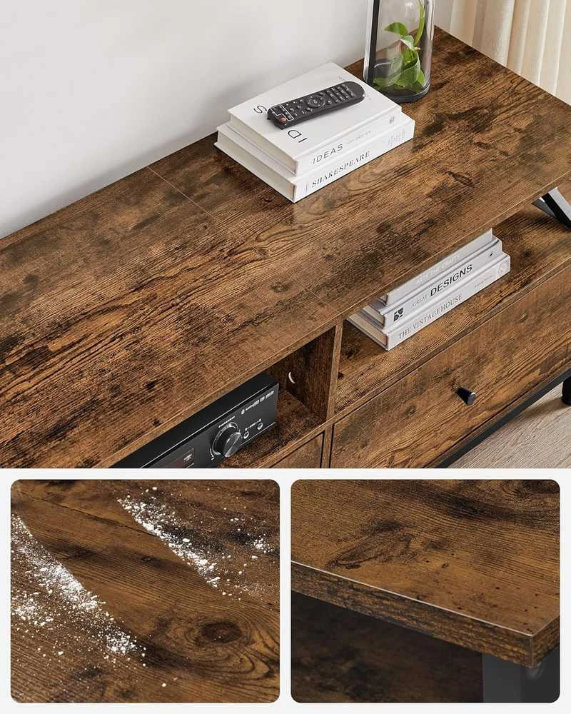 VASAGLE TV staliukas iki 80 colių, 3 tekstilinės stalčiaus, 3 atviros lentynos, 178 × 40 × 50 cm, juodas ir rudas, LTV303KD01
