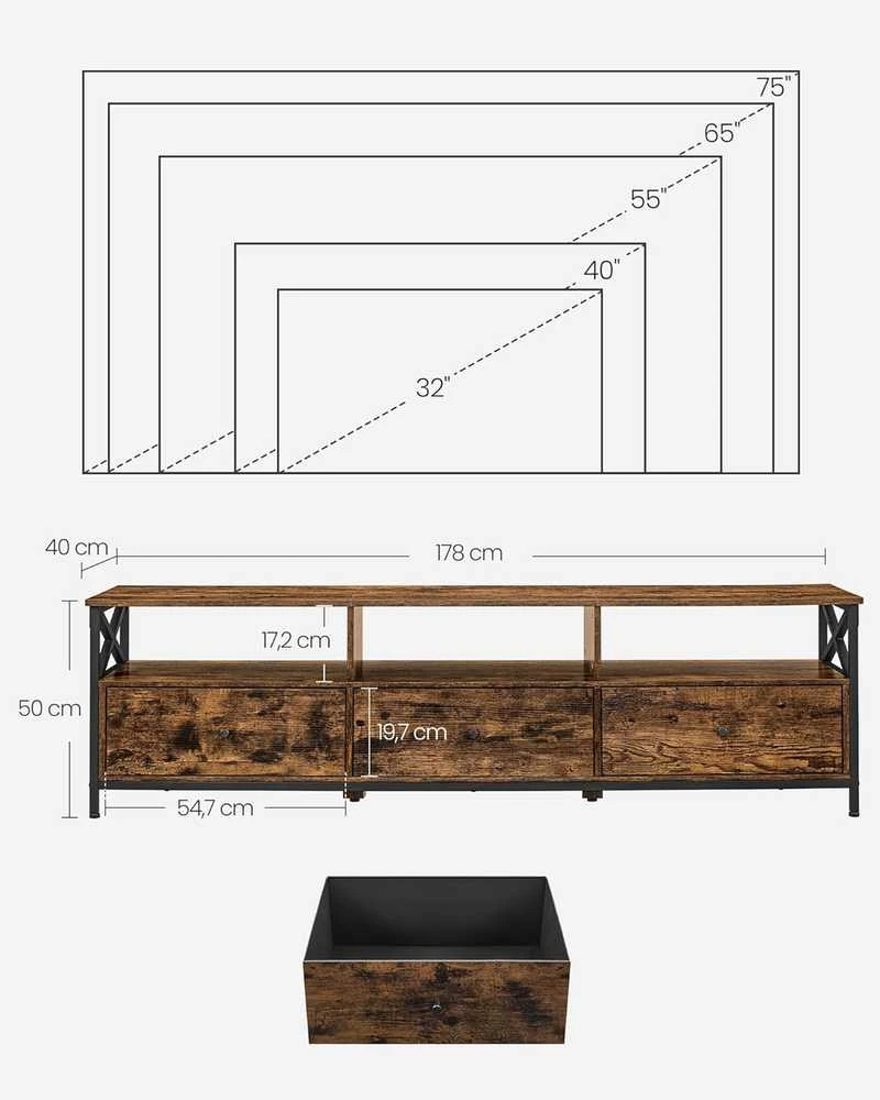 VASAGLE TV staliukas iki 80 colių, 3 tekstilinės stalčiaus, 3 atviros lentynos, 178 × 40 × 50 cm, juodas ir rudas, LTV303KD01