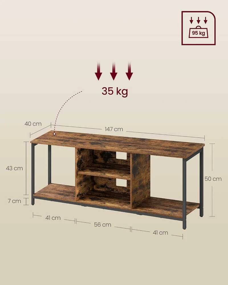 VASAGLE TV staliukas, industrinio dizaino, atviros lentynos, 147 × 40 × 50 cm, tinka iki 65 colių televizoriams
