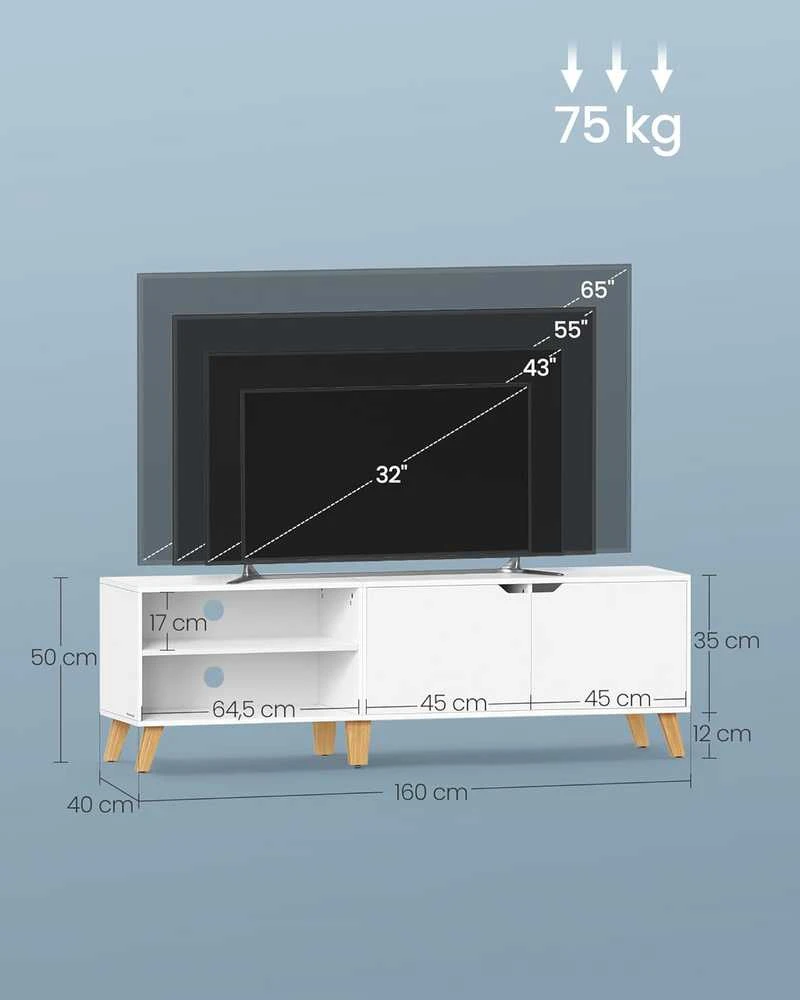 VASAGLE TV staliukas su 2 durimis, reguliuojamos lentynos, iki 65 colių televizoriams, 160 cm, sniego baltumo, LTV030W01