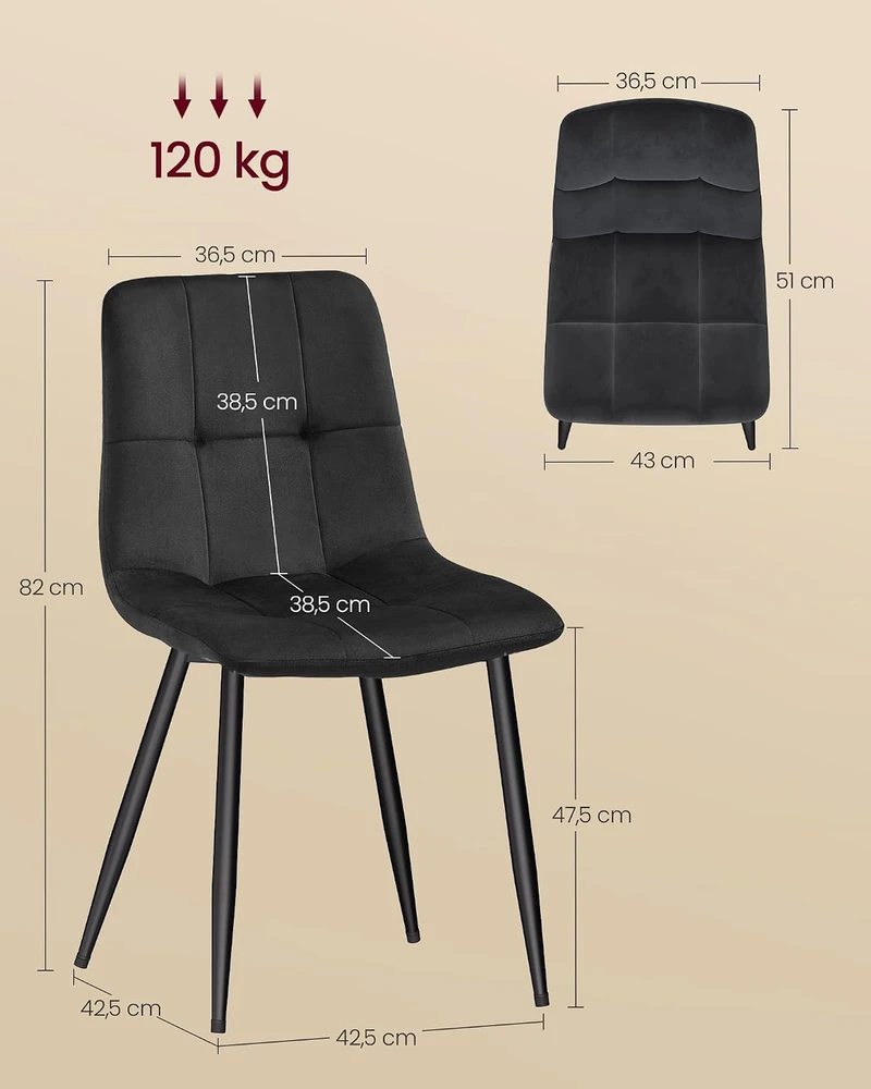 VASAGLE valgomojo kėdės, 4 vnt., aksominės, su plieninėmis kojomis, KDC080BH01