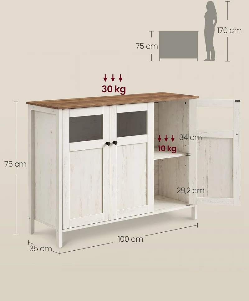 VASAGLE virtuvinė indauja su stiklinėmis durimis, 100 × 35 × 75 cm, LSC099WJ02V1