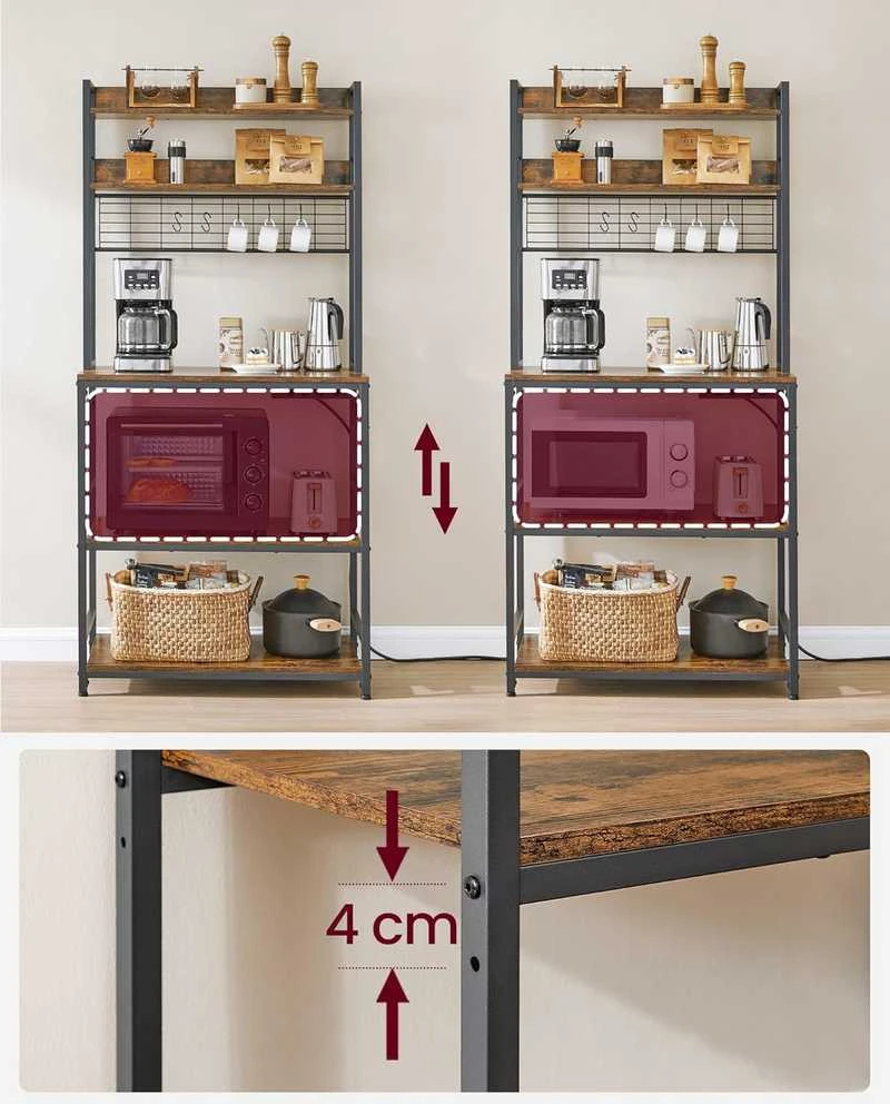 VASAGLE virtuvinis stovas su elektros lizdais, 5 lentynos, 14 kabliukų, 40 x 80 x 170 cm, rudas-juodas, KKS025B01EU