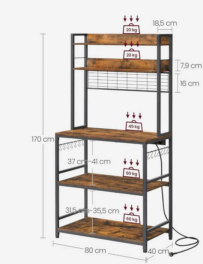 VASAGLE virtuvinis stovas su elektros lizdais, 5 lentynos, 14 kabliukų, 40 x 80 x 170 cm, rudas-juodas, KKS025B01EU