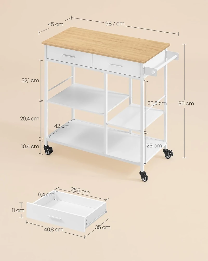 VASAGLE virtuvinis vežimėlis su 2 stalčiais, 98.7 x 45 x 90 cm, PCT611W01