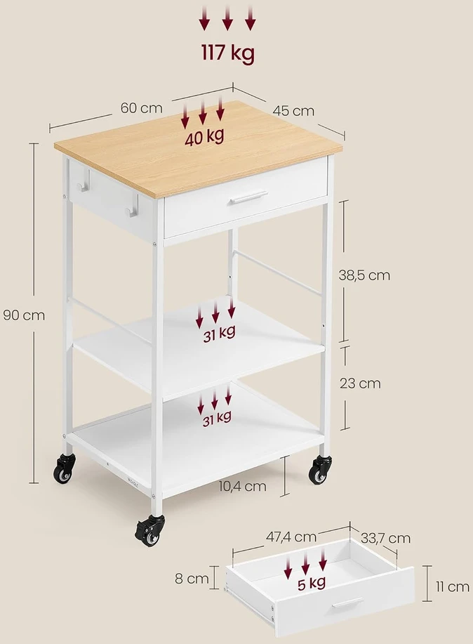VASAGLE virtuvinis vežimėlis su stalčiumi ir lentynomis 60 x 45 x 90 cm PCT611W01