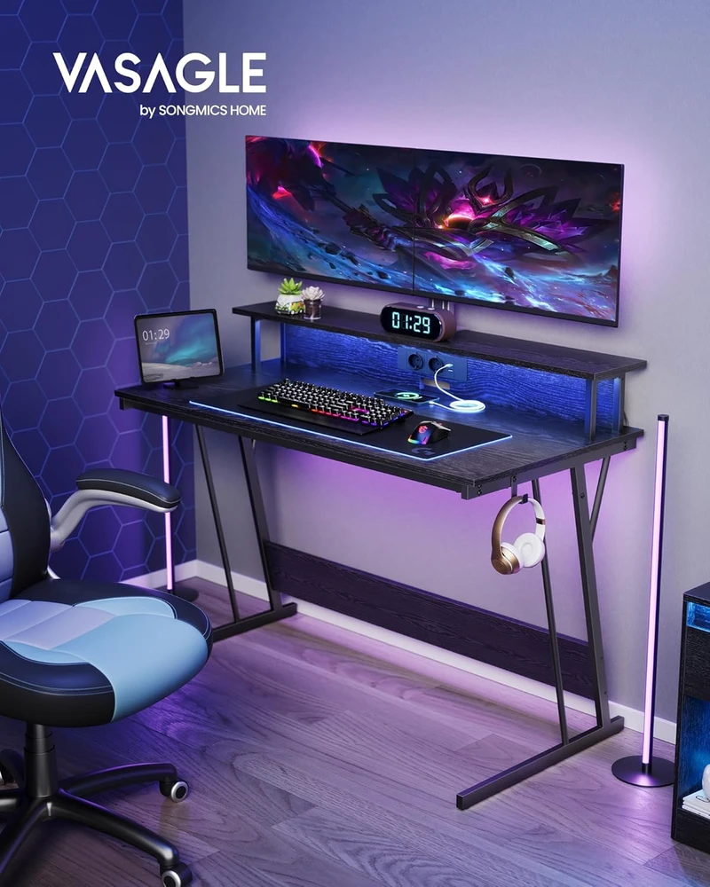 VASAGLE žaidimų kompiuterio stalas su LED apšvietimu ir maitinimo juosta 120 x 60 cm LWD192B56