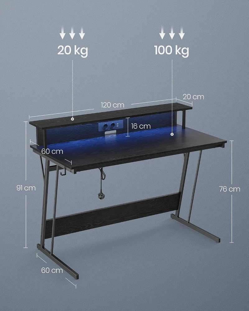 VASAGLE žaidimų kompiuterio stalas su LED apšvietimu ir maitinimo juosta 120 x 60 cm LWD192B56