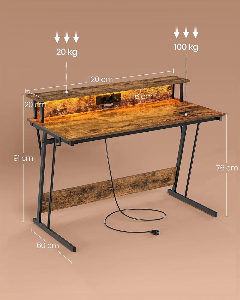 VASAGLE žaidimų stalas su LED apšvietimu, maitinimo juosta ir monitorių stovu LWD192