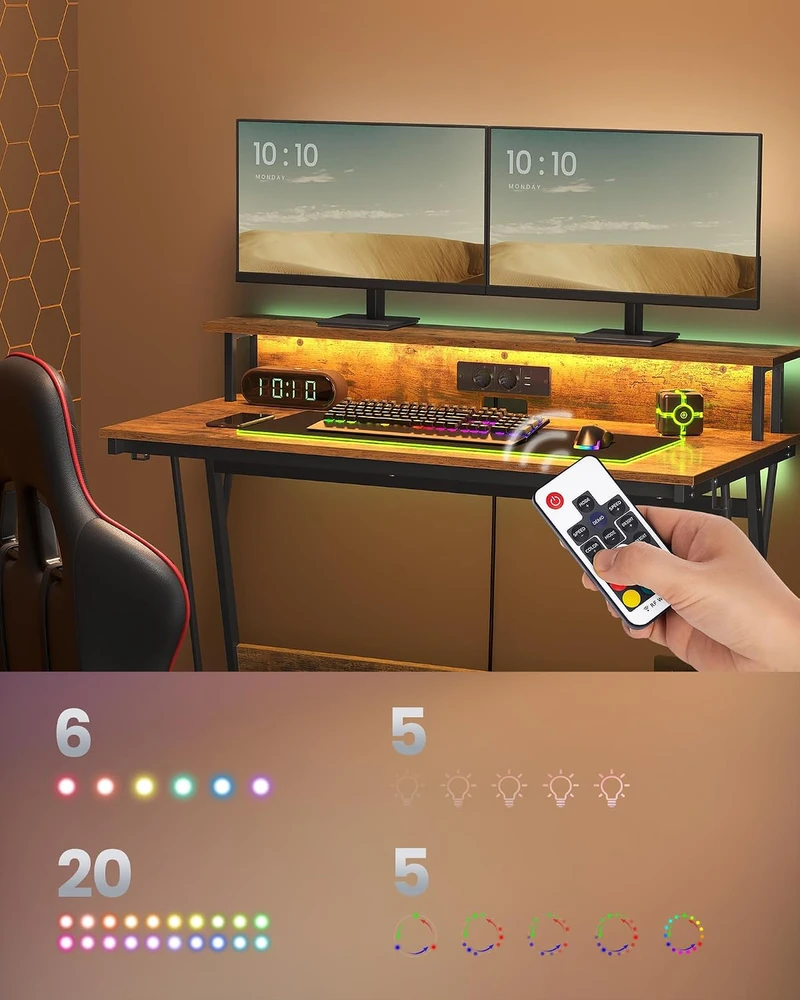 VASAGLE žaidimų stalas su LED apšvietimu, maitinimo juosta ir monitorių stovu LWD192