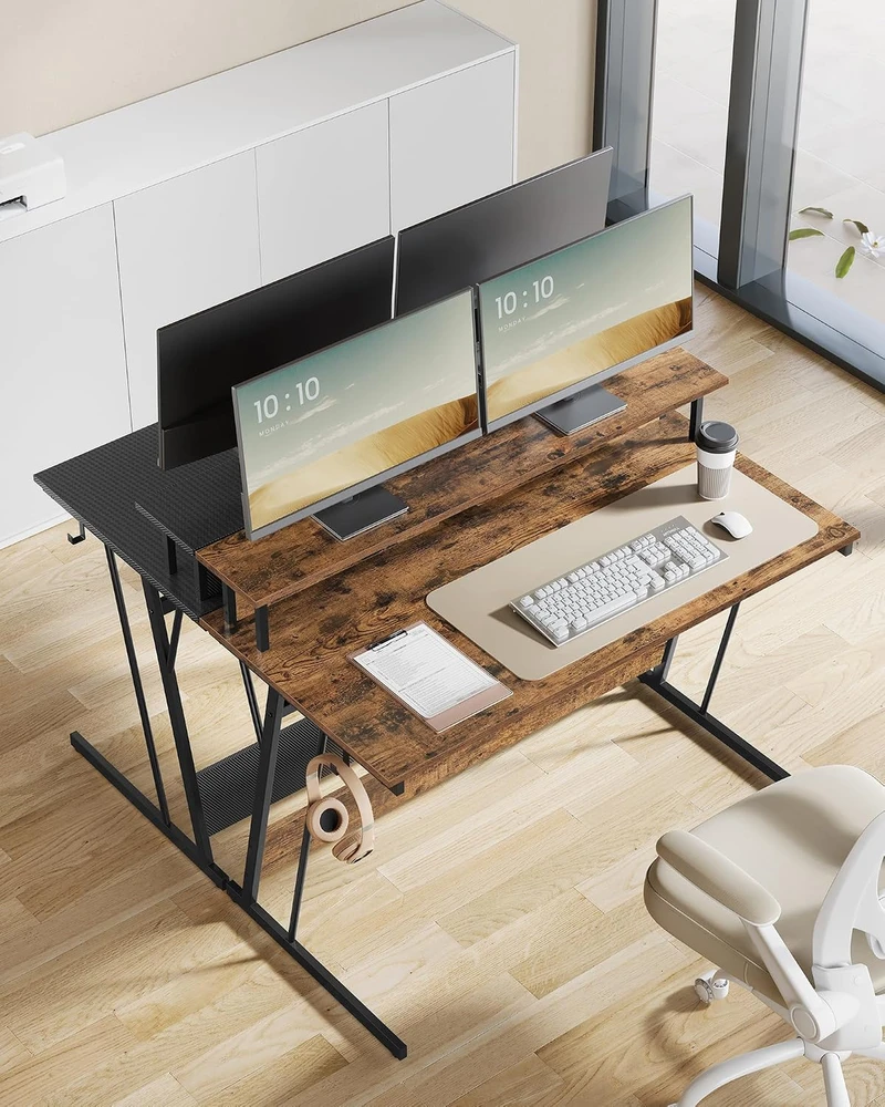 VASAGLE žaidimų stalas su LED apšvietimu, maitinimo juosta ir monitorių stovu LWD192