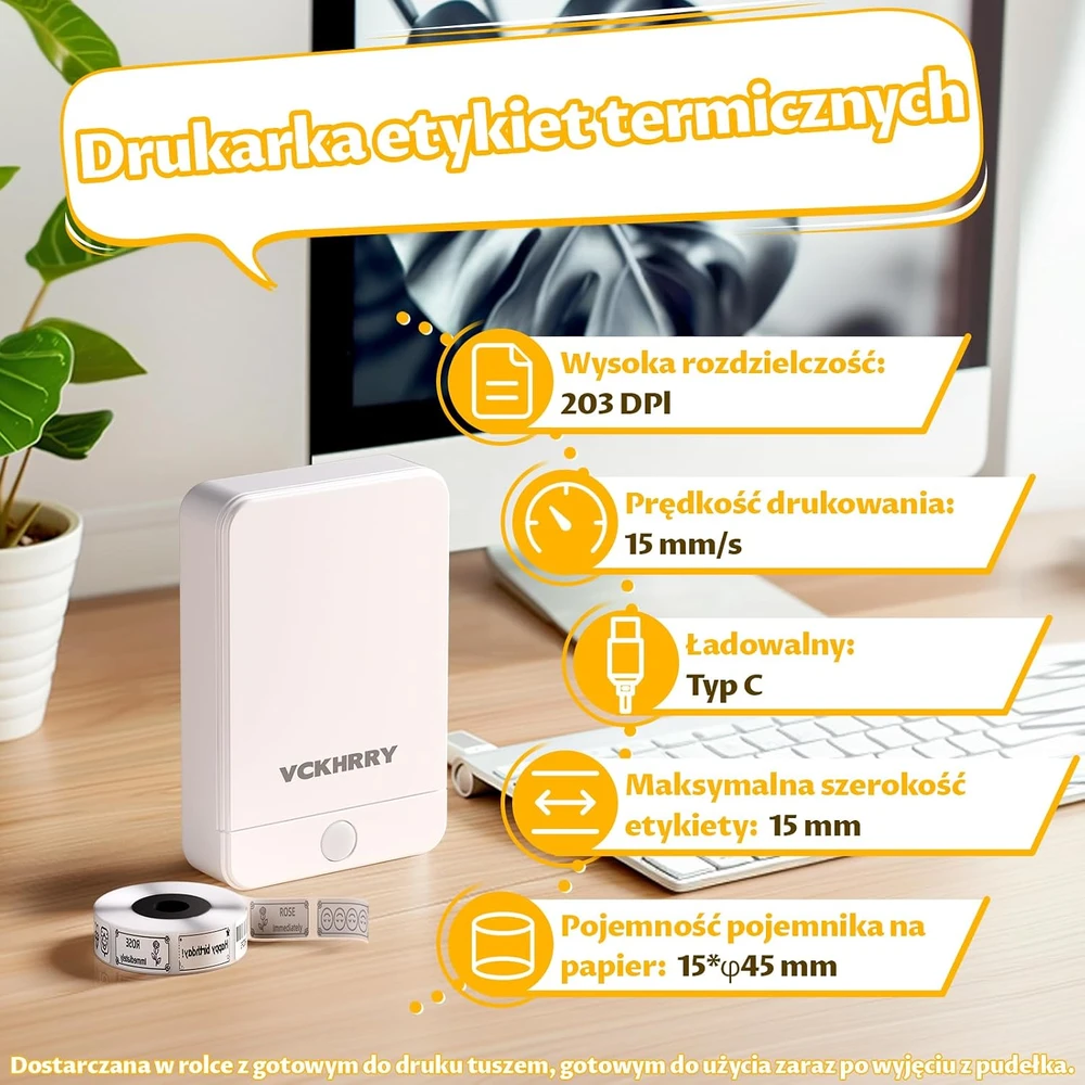 VCKHRRY Bluetooth terminis etikečių spausdintuvas 203 DPI su USB-C, HP6-C