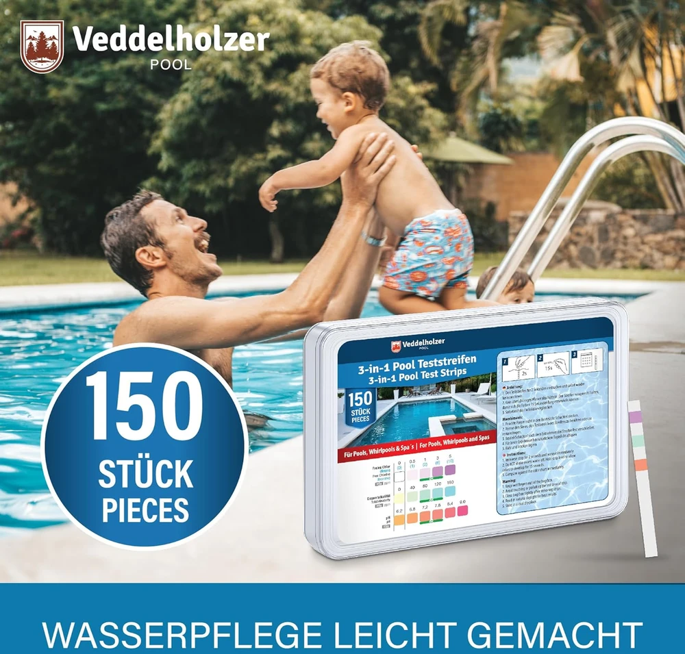 Veddelholzer baseino testavimo juostelės 3 in 1, 150 vnt., pH, laisvo chloro ir šarmingumo matavimas