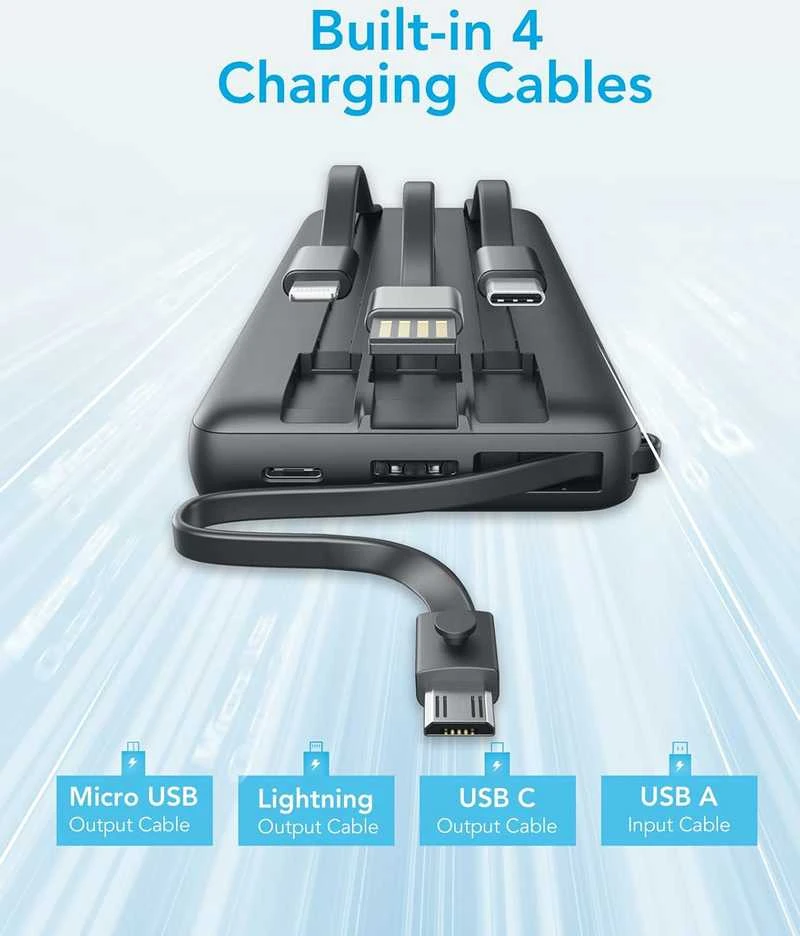VEEKTOMX 20000 mAh nešiojamas powerbank su integruotais kabeliais, USB-C ir USB-A, juodas