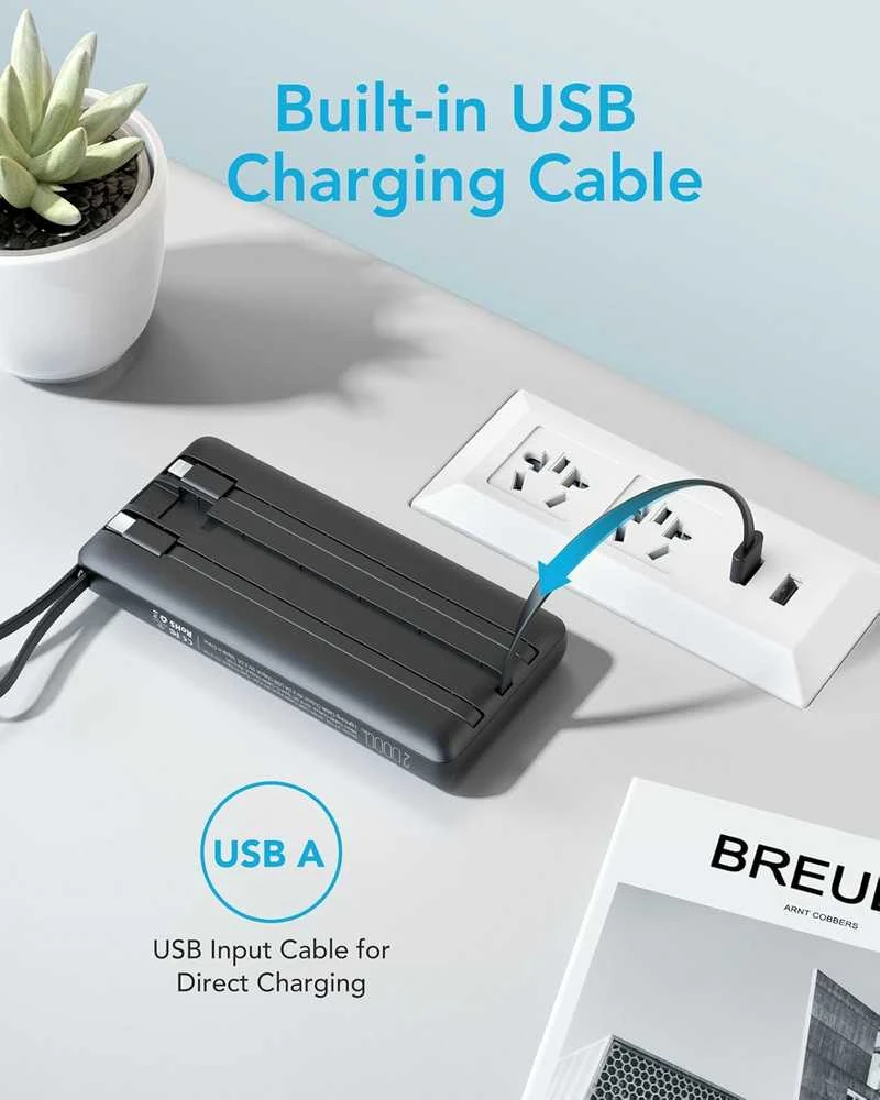 VEEKTOMX 20000 mAh nešiojamas powerbank su integruotais kabeliais, USB-C ir USB-A, juodas