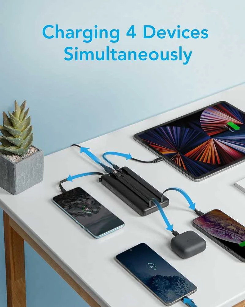 VEEKTOMX 20000 mAh nešiojamas powerbank su integruotais kabeliais, USB-C ir USB-A, juodas