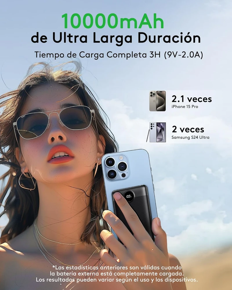 VEEKTOMX išorinė baterija 10000 mAh, 22,5 W, su USB-A ir USB-C jungtimis, VT103