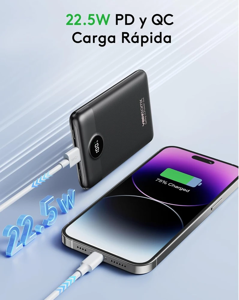 VEEKTOMX išorinė baterija 10000 mAh, 22,5 W, su USB-A ir USB-C jungtimis, VT103