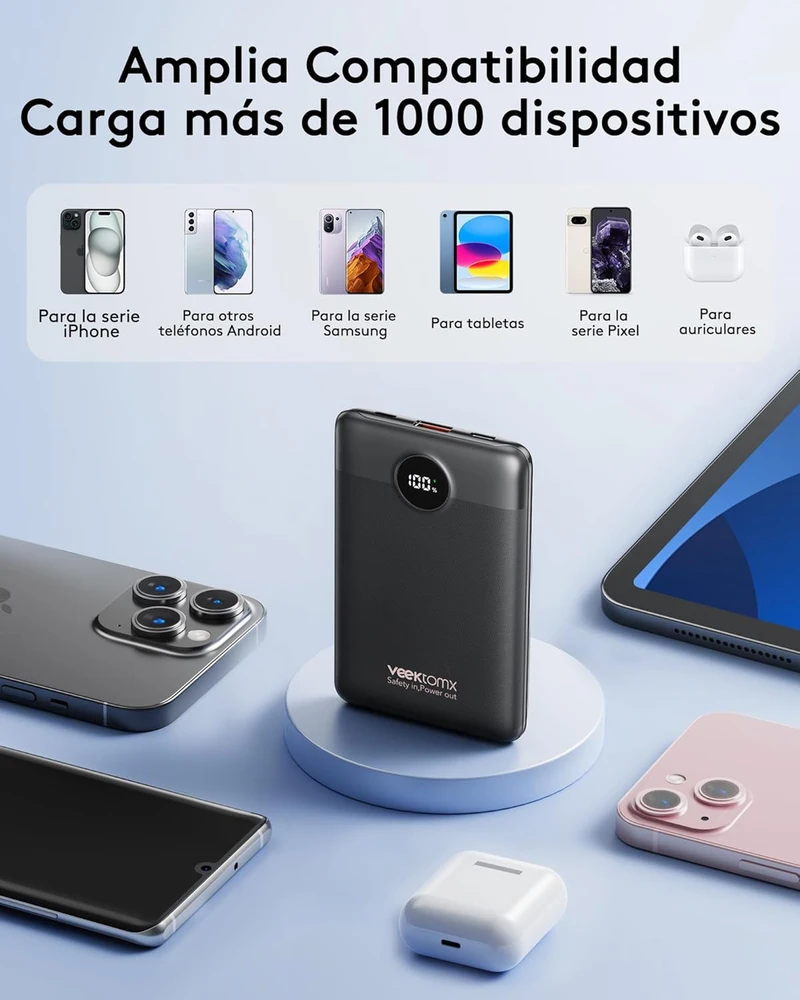 VEEKTOMX išorinė baterija 10000 mAh, 22,5 W, su USB-A ir USB-C jungtimis, VT103