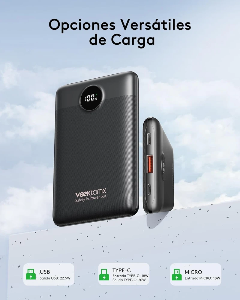 VEEKTOMX išorinė baterija 10000 mAh, 22,5 W, su USB-A ir USB-C jungtimis, VT103