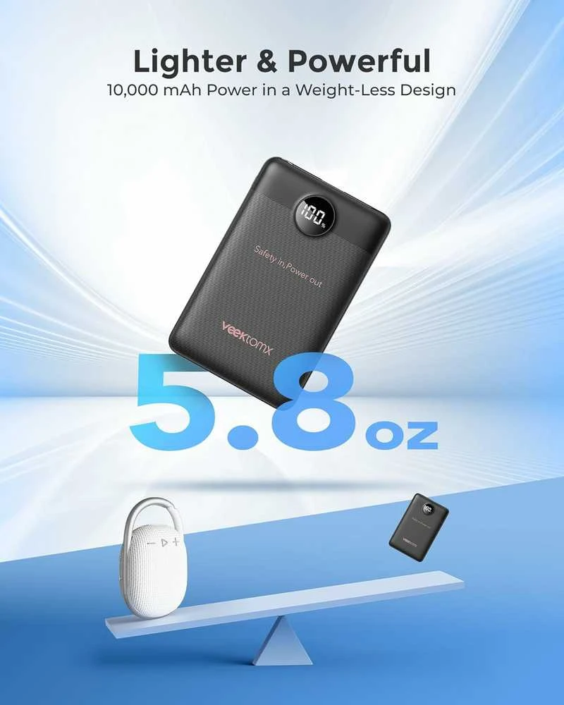 VEEKTOMX VT103 mini išorinis nešiojamas akumuliatorius 10000 mAh, 22.5 W, USB-A ir USB-C