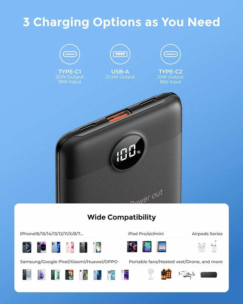 VEEKTOMX VT103 mini išorinis nešiojamas akumuliatorius 10000 mAh, 22.5 W, USB-A ir USB-C
