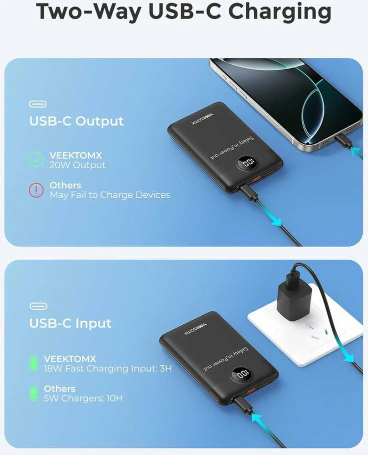 VEEKTOMX VT103 mini išorinis nešiojamas akumuliatorius 10000 mAh, 22.5 W, USB-A ir USB-C