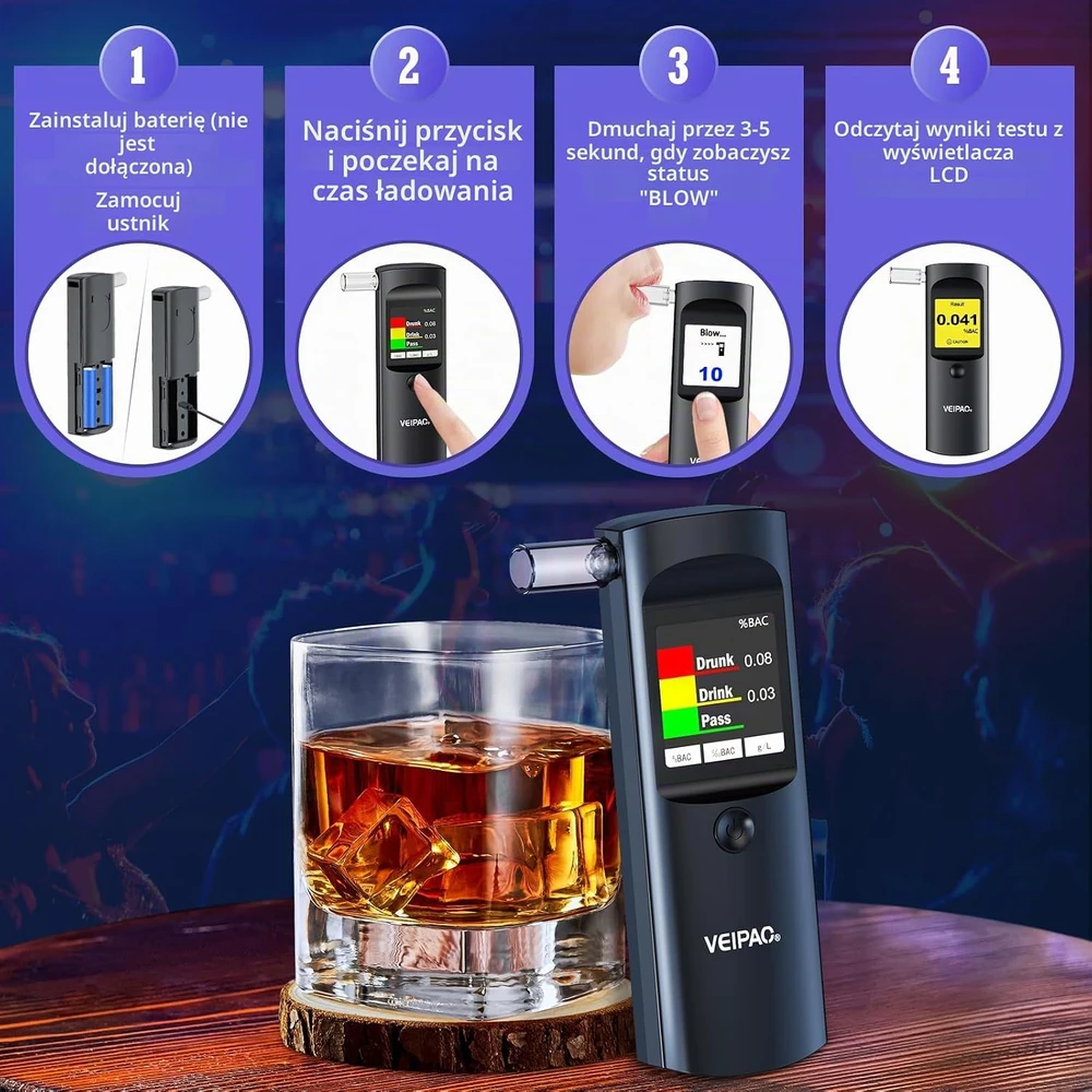 VEIPAO nešiojamas alkotesteris su LCD ekranu ir 11 kandiklių, modelis K68