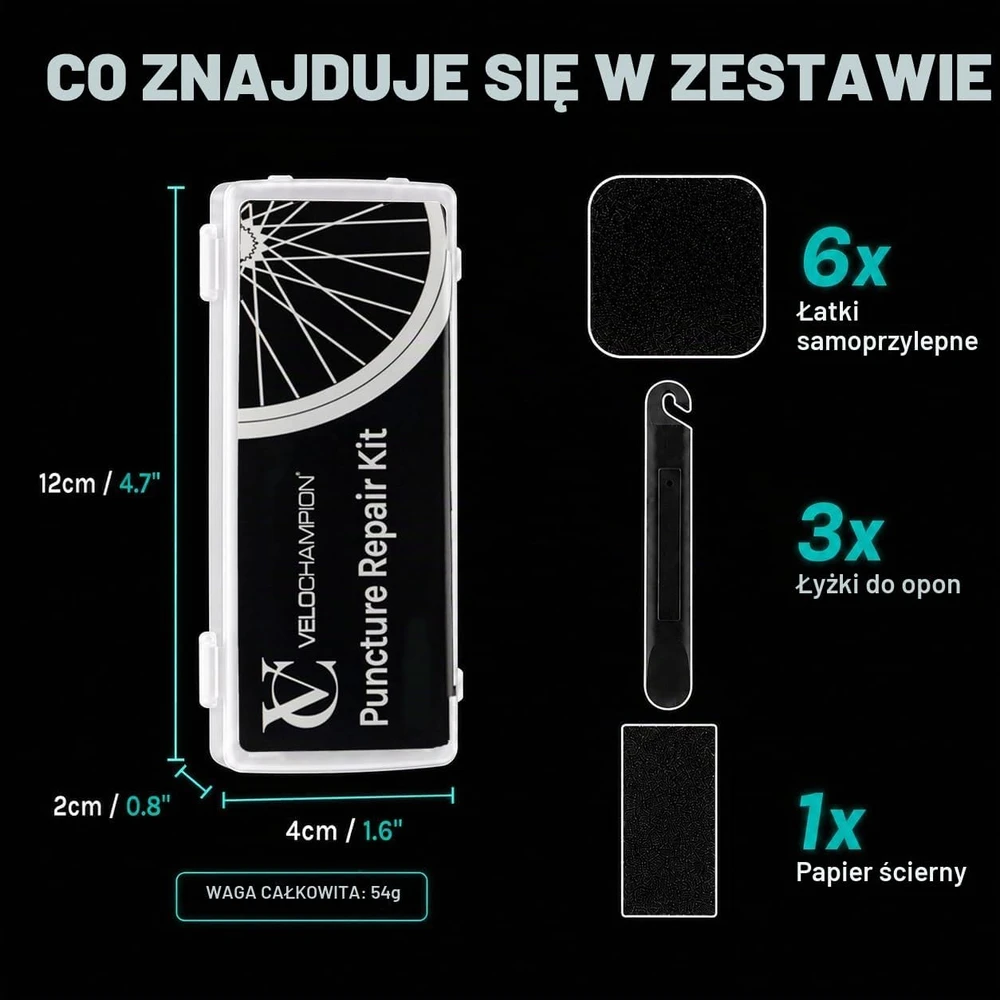 VeloChampion dviračio padangų remonto rinkinys su lipniais lopais ir 3 montavimo svirtimis
