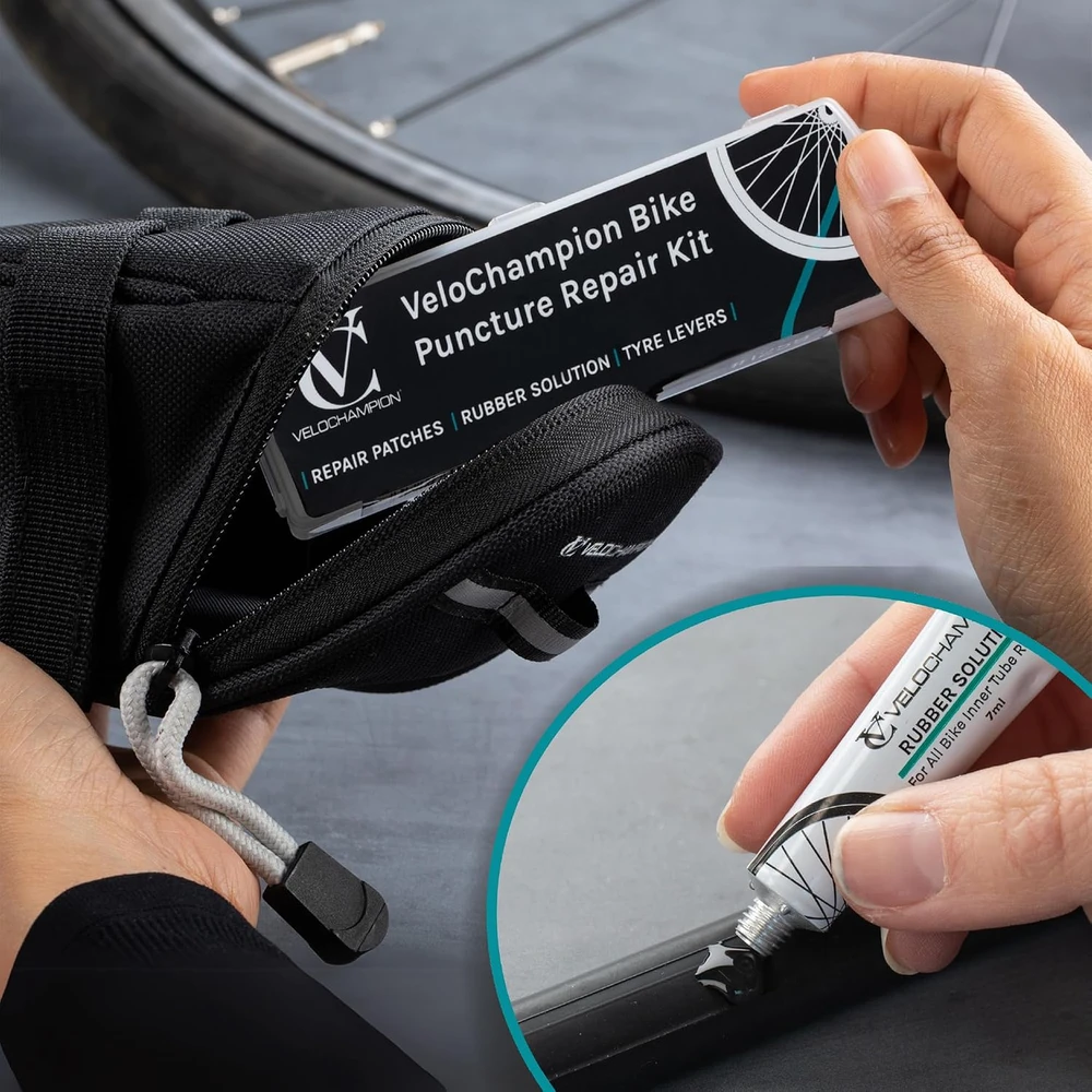 VeloChampion dviračių kamerų remonto rinkinys su vulkanizavimo klijais, 11 lopų, 1250