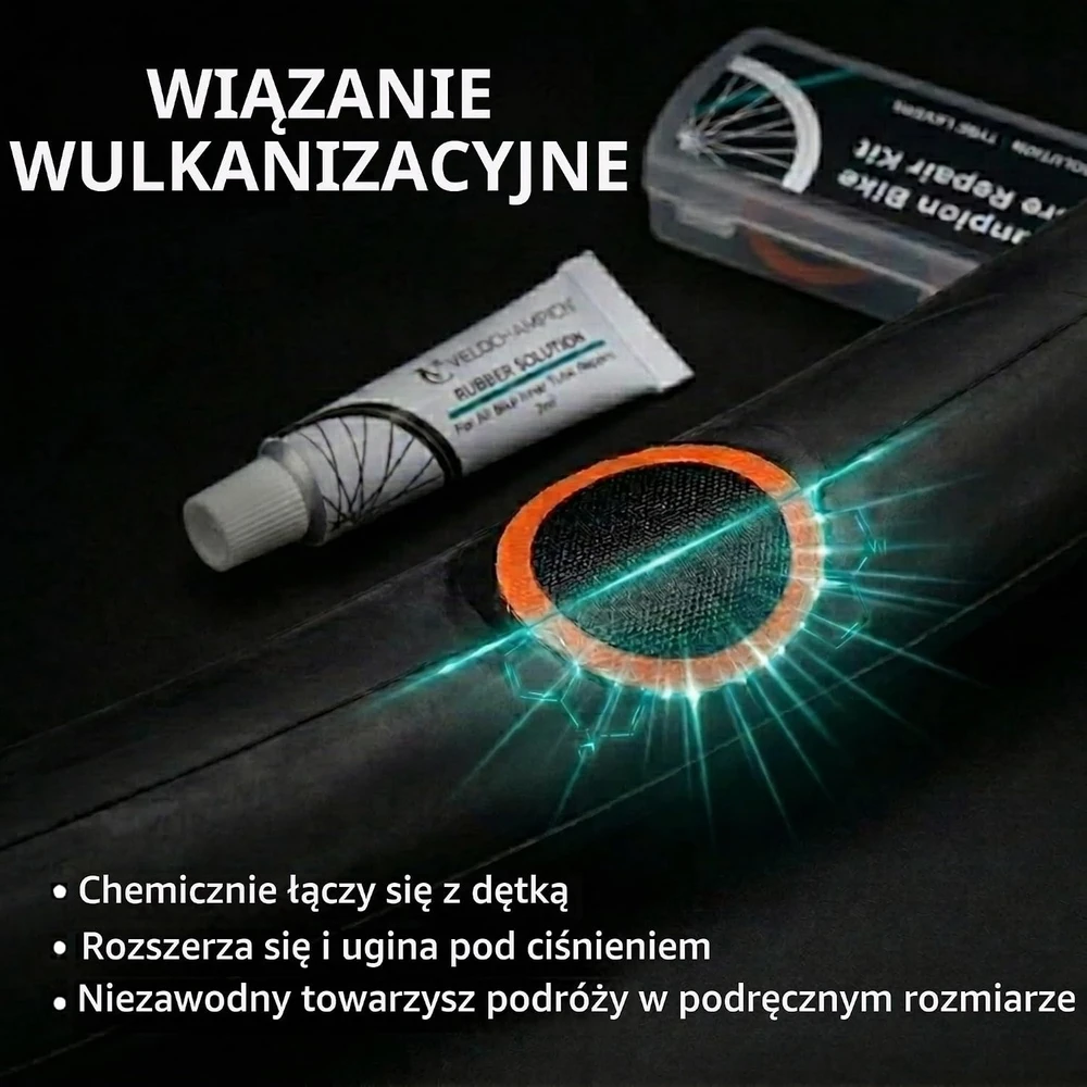 VeloChampion dviračių kamerų remonto rinkinys su vulkanizavimo klijais, 11 lopų, 1250