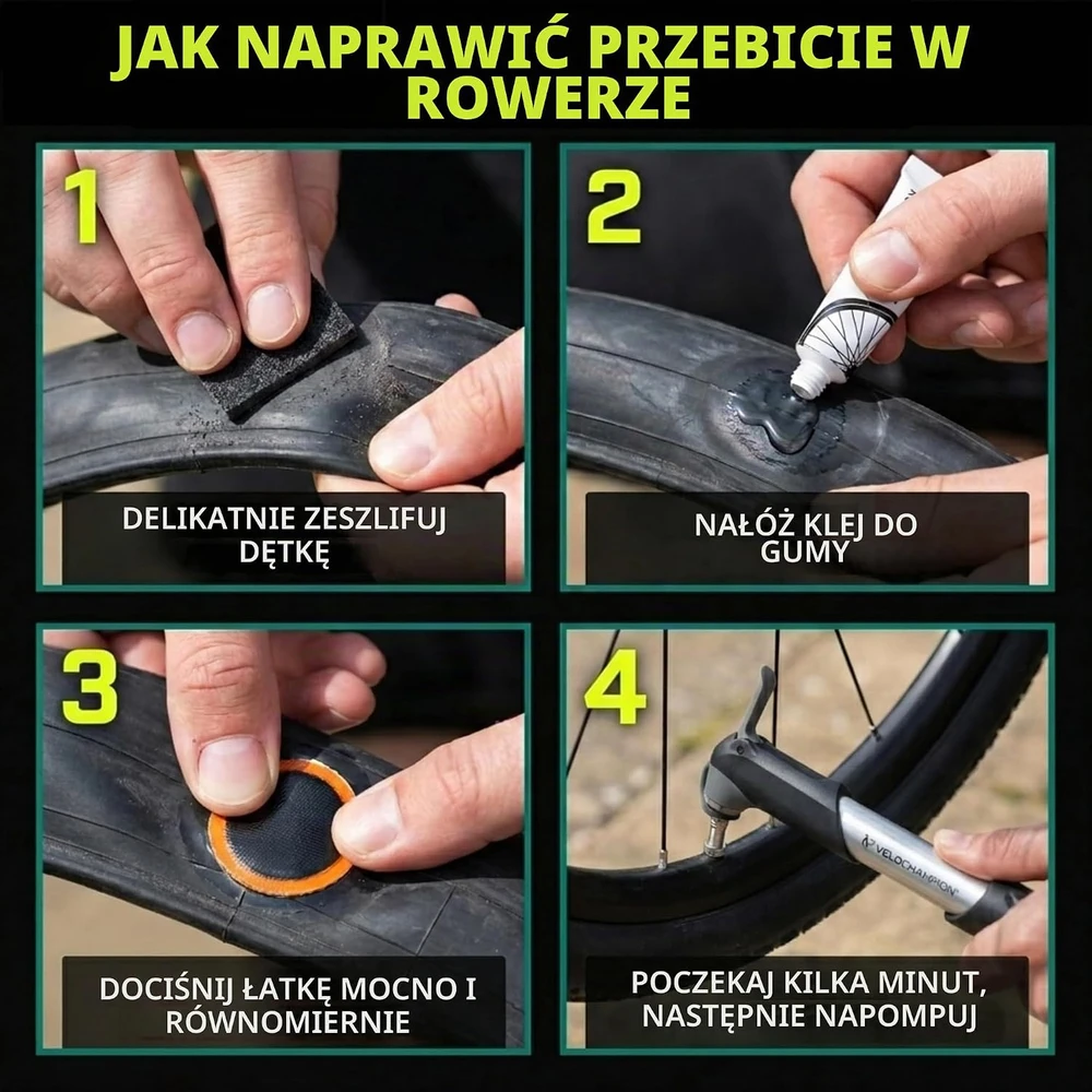 VeloChampion dviračių kamerų remonto rinkinys su vulkanizavimo klijais, 11 lopų, 1250