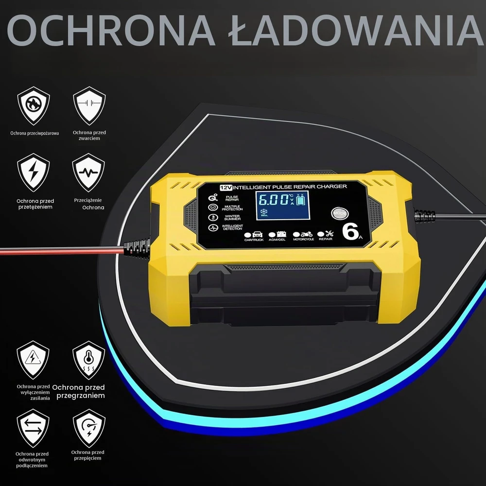 Vemfay išmanusis automobilio akumuliatoriaus įkroviklis 12 V, 6 A, su LCD ekranu, 6A Baterija Charger-Geltona