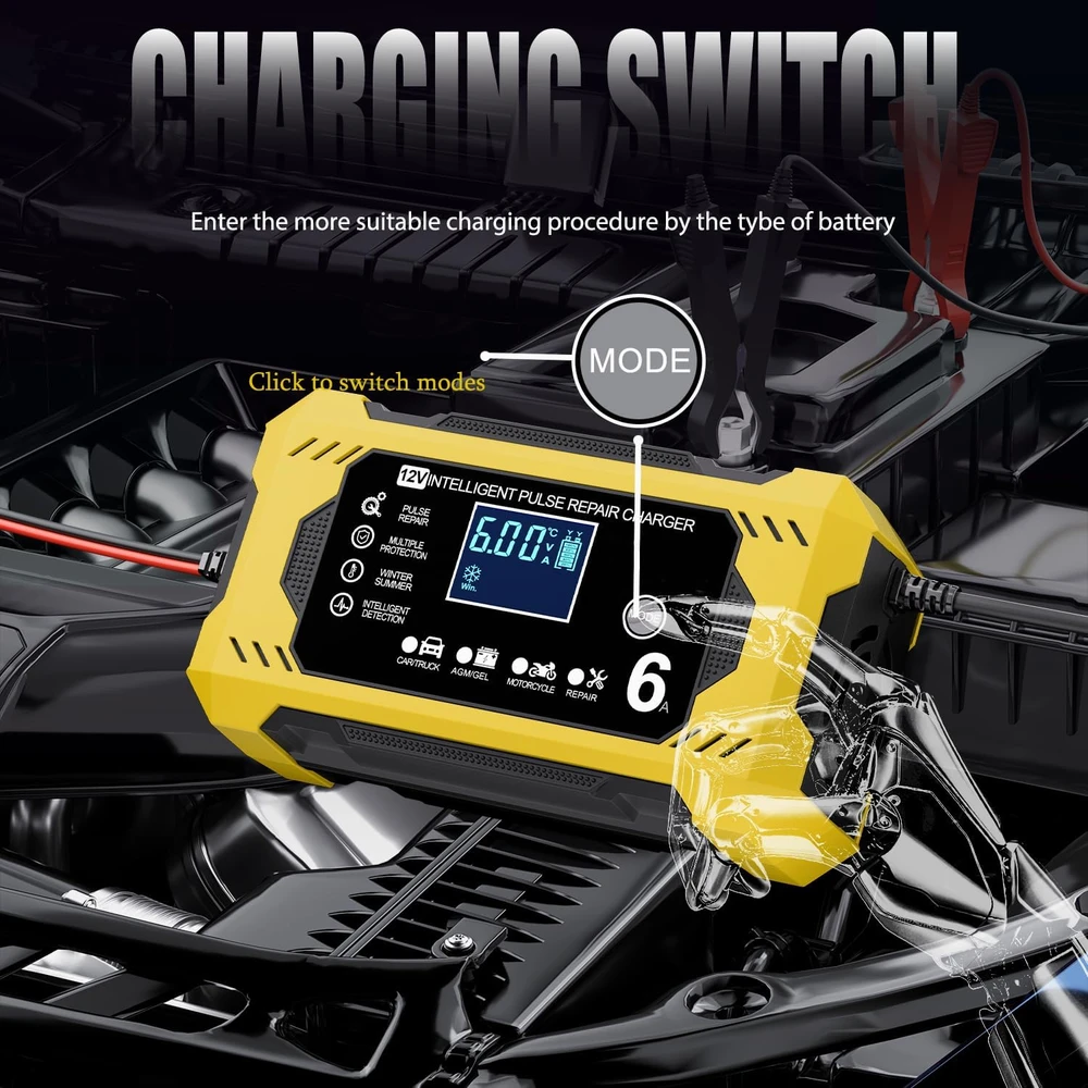 Vemfay išmanusis automobilio akumuliatoriaus įkroviklis 12 V, 6 A, su LCD ekranu, 6A Baterija Charger-Geltona