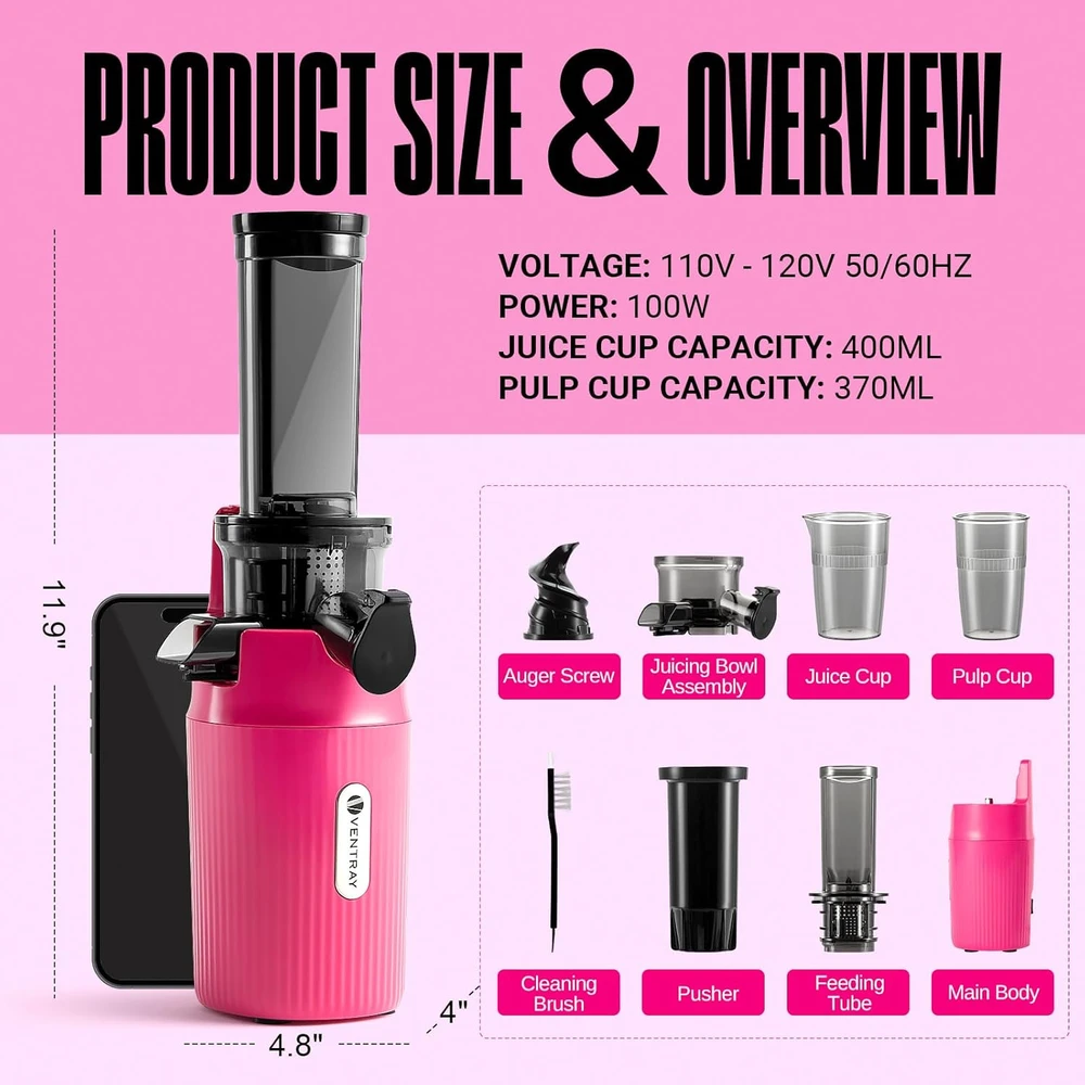 Ventray lėtaeigė sulčiaspaudė, 100 W, 60 aps./min, 400 ml talpa, Ginnie modelis