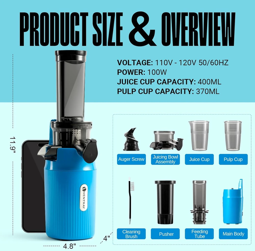 Ventray lėtaeigė sulčiaspaudė 60 aps./min, 100 W, 370 ml, kompaktiška, Ginnie