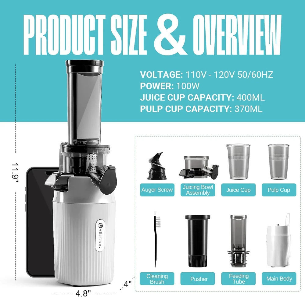 Ventray lėtaeigė sulčiaspaudė 60 aps./min, 130 W, su dviem filtrais, 400 ml talpa, GINNIE