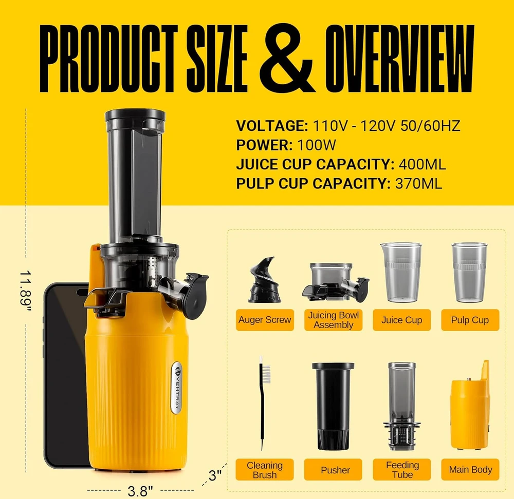 Ventray lėtaeigė sulčiaspaudė, 60 aps./min, 400 ml talpa, 100 W galia, GINNIE modelis