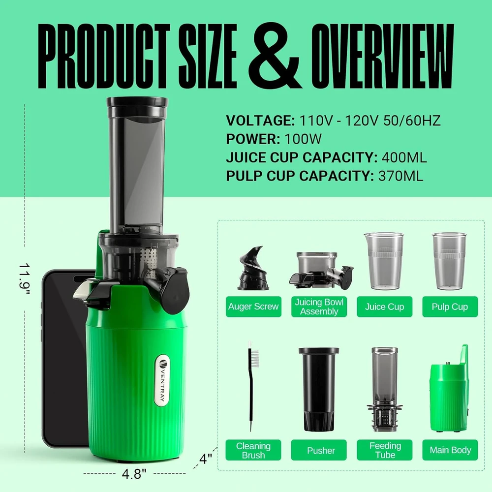 Ventray lėtaeigė sulčiaspaudė vaisiams ir daržovėms, 100 W, 400 ml, Ginnie modelis, žalia