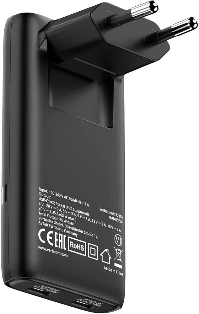 Verbatim GaN kelioninis įkroviklis „Fold ‘n’ Go“ 65W, 2×USB-C PD ES kištukas, Juodas