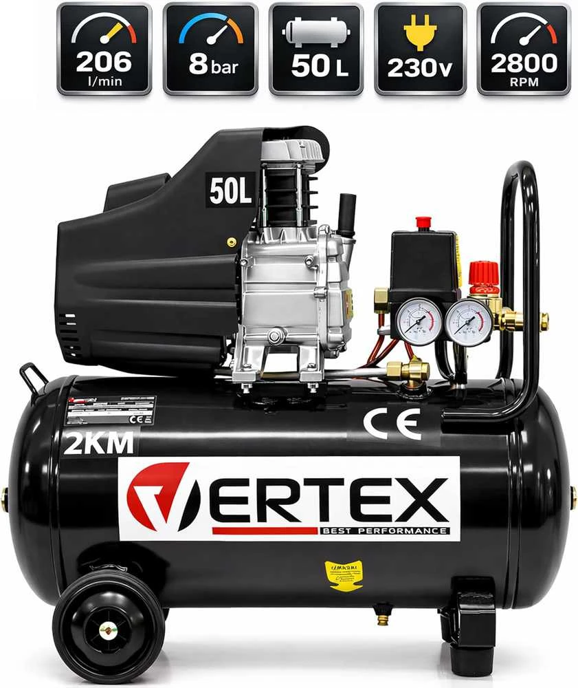 Vertex Best Performance oro kompresorius 50 l, 206 l/min, 8 bar, 1,5 kW, su ratais, VHC50
