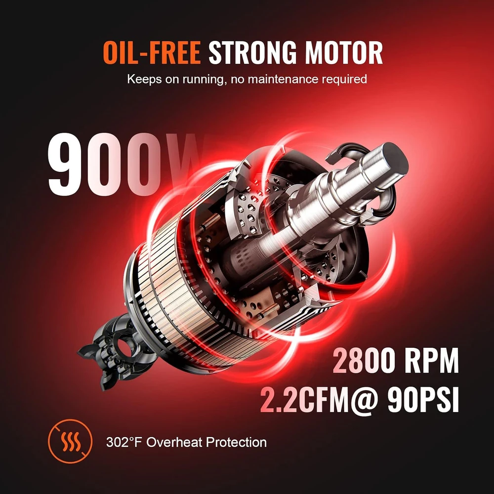 VEVOR bealyvis oro kompresorius 8 l, 900 W, 8 bar, modelis 2-900F8
