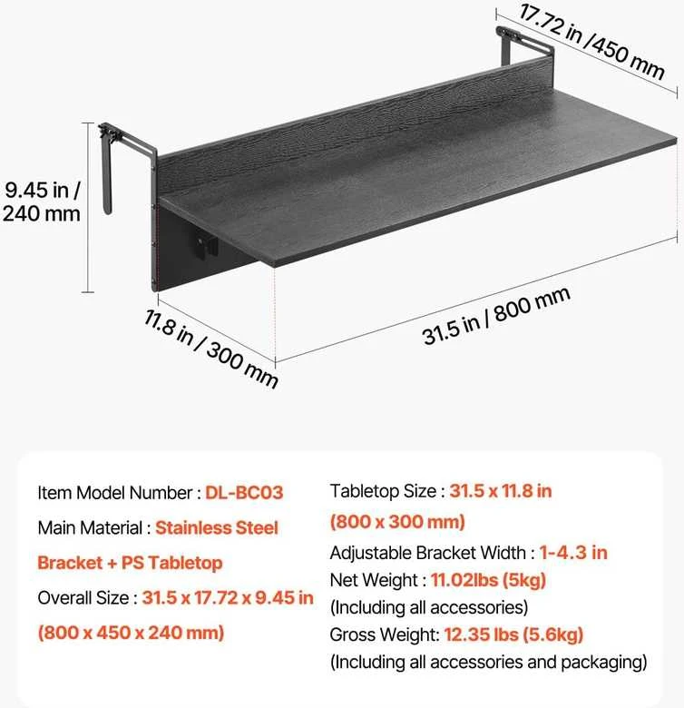 VEVOR kabinamas balkono stalas, sulankstomas, juodos spalvos, 80 × 24 × 45 cm, DL-BC03