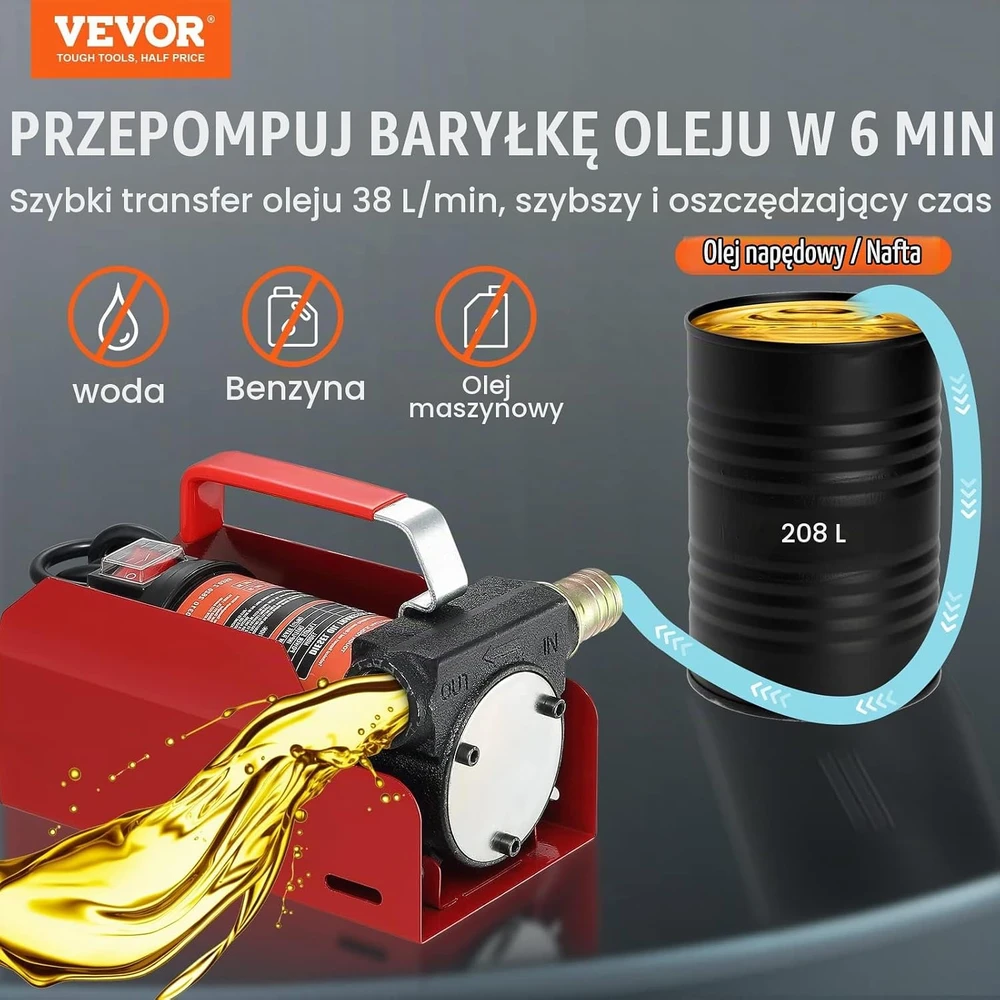 VEVOR nešiojamas dyzelino perpylimo siurblys 12 V, 37,8 l/min, DCFD40A