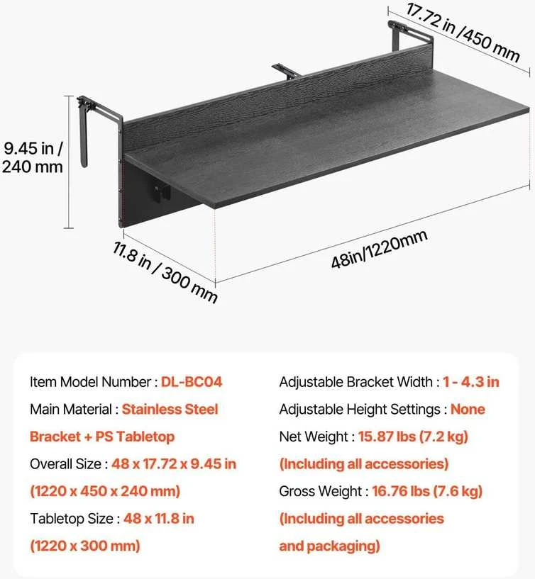 VEVOR pakabinamas balkono stalas, sulankstomas, 122 × 30 cm, nerūdijančio plieno konstrukcija, DL-BC04