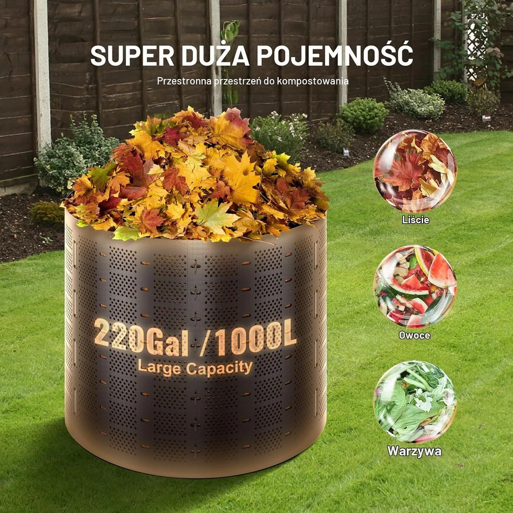 VEVOR sodo kompostinė 1000 l iš HDPE, 106,68 cm skersmens, 335*90cm