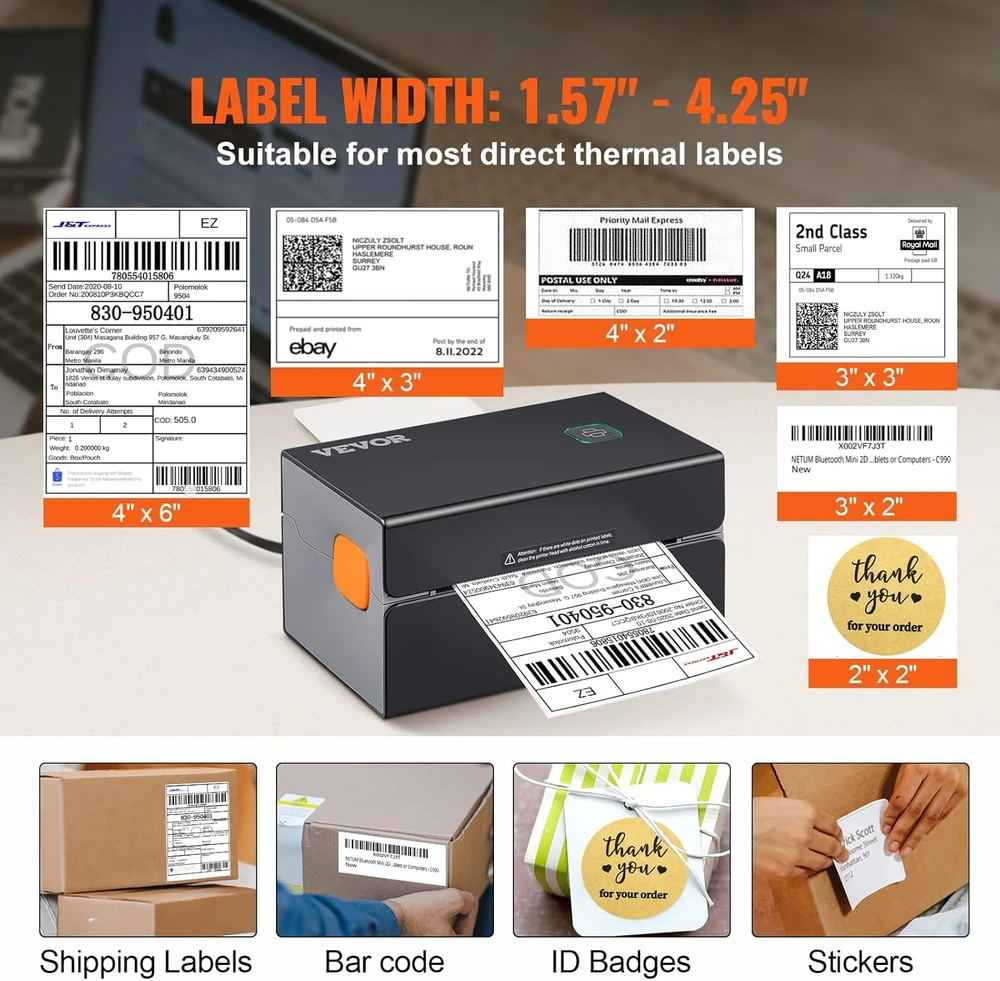 VEVOR terminis etikečių spausdintuvas Bluetooth/USB, 300 DPI, 150 mm/s, 40-108 mm plotis