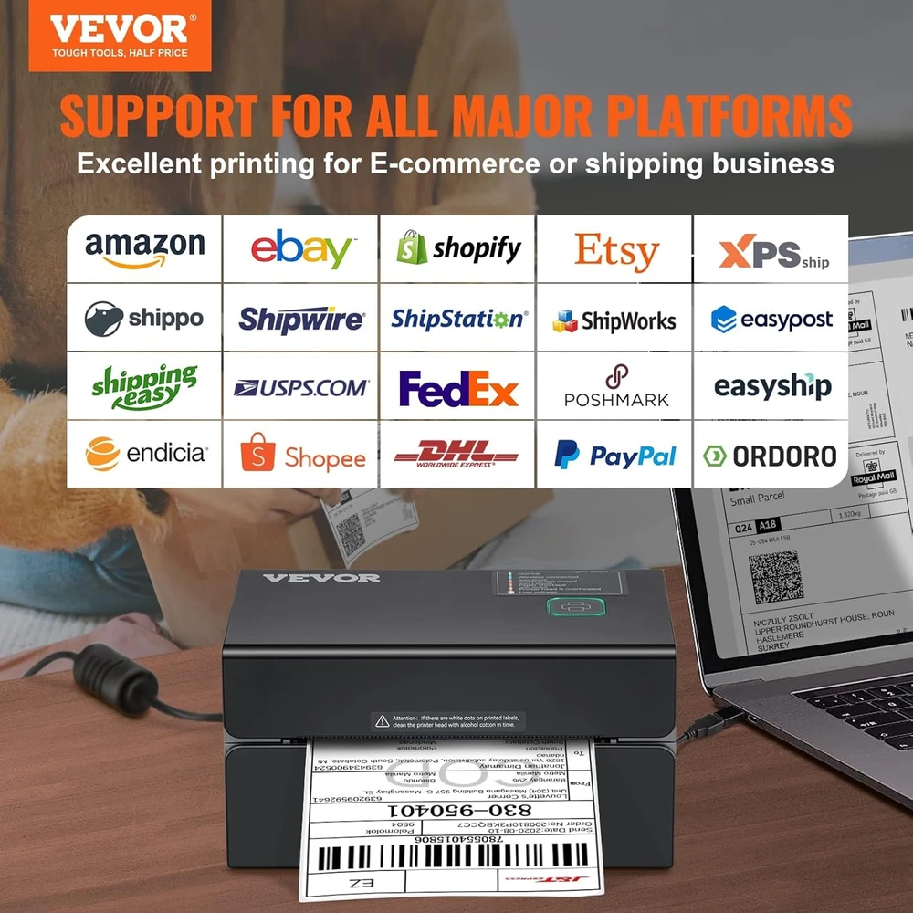 VEVOR terminis etikečių spausdintuvas Bluetooth/USB, 300 DPI, 150 mm/s, 40-108 mm plotis