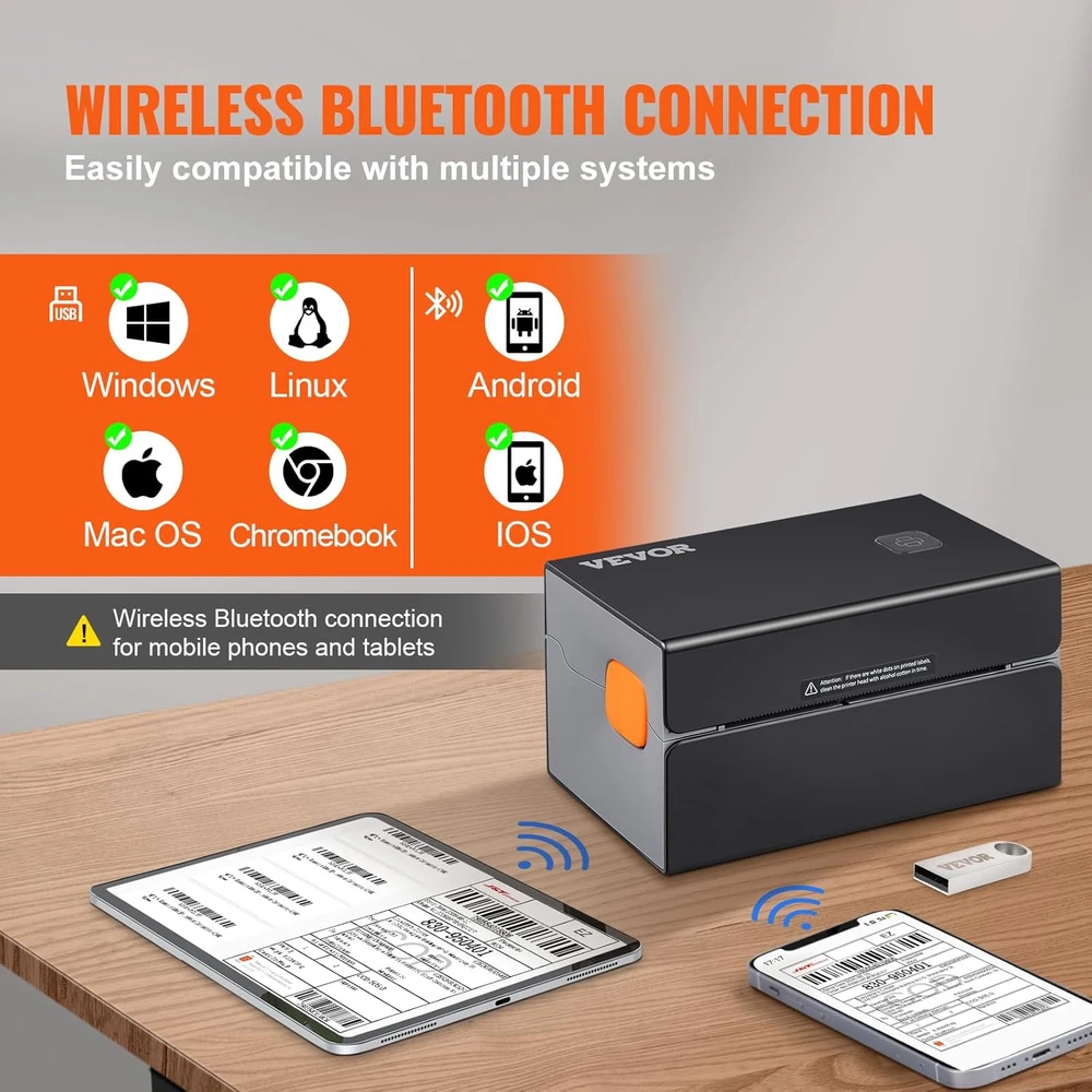 VEVOR terminis etikečių spausdintuvas Bluetooth/USB, 300 DPI, 150 mm/s, 40-108 mm plotis