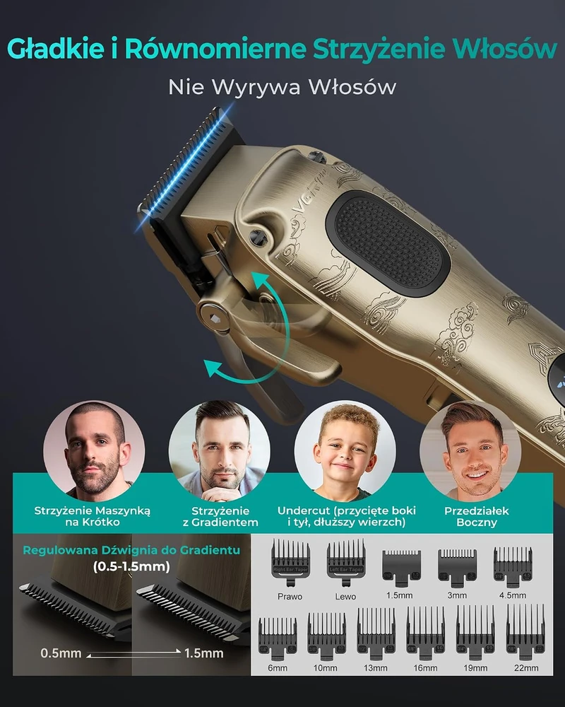 VGRPRO plaukų kirpimo mašinėlė su USB-C įkrovimu, 11 antgalių ir LED ekranu V-007